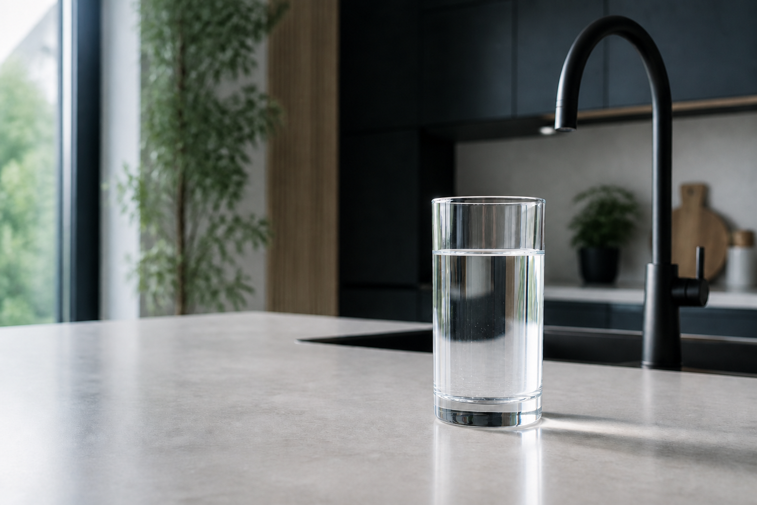 Bicchiere di acqua depurata, limpida e cristallina, su un piano cucina